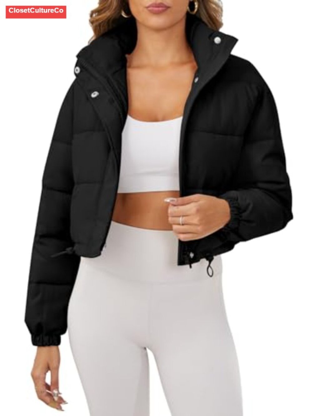 Ogfao Women's Cropped Puffer Jacket Zip Up Quilted Padded Coat with Pockets